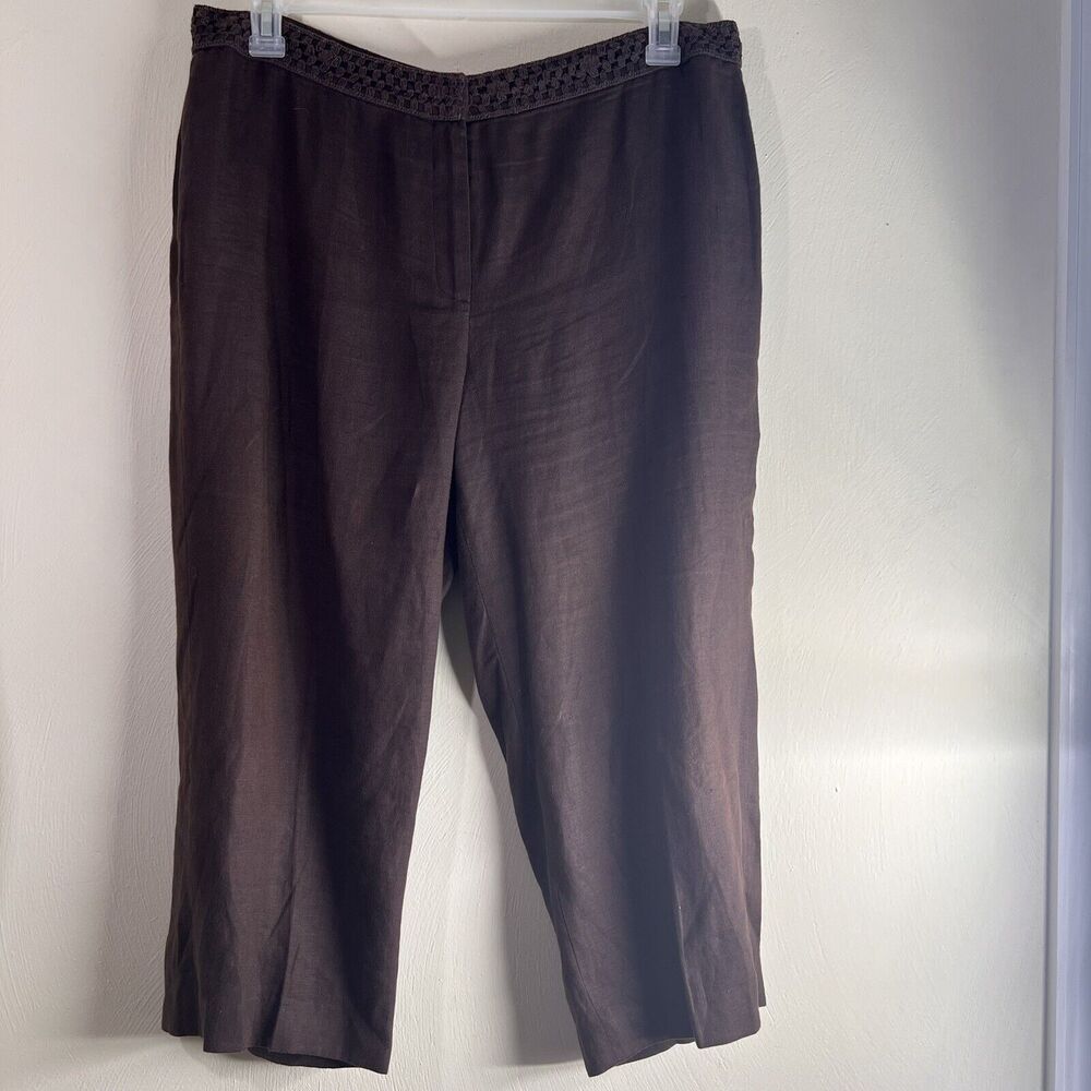Peck & Peck Linen Capri Pants Size 14 Brown Flat Front Crochet Waist Summer